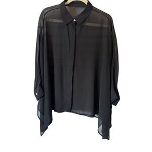 Black Sheer Oversized Button-Down Blouse With Draped Sleeves